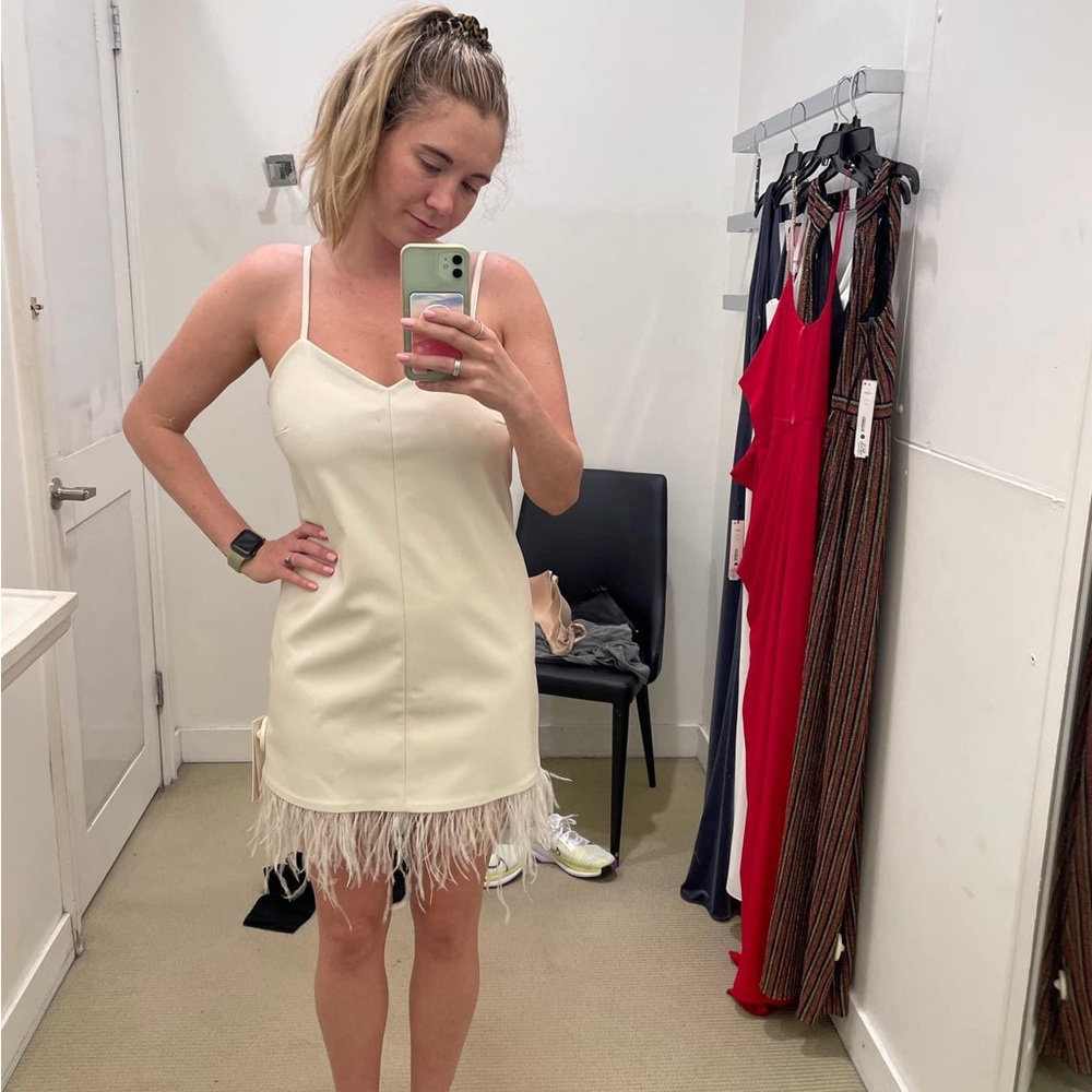 COPY - Aqua vegan leather white dress with feather trim